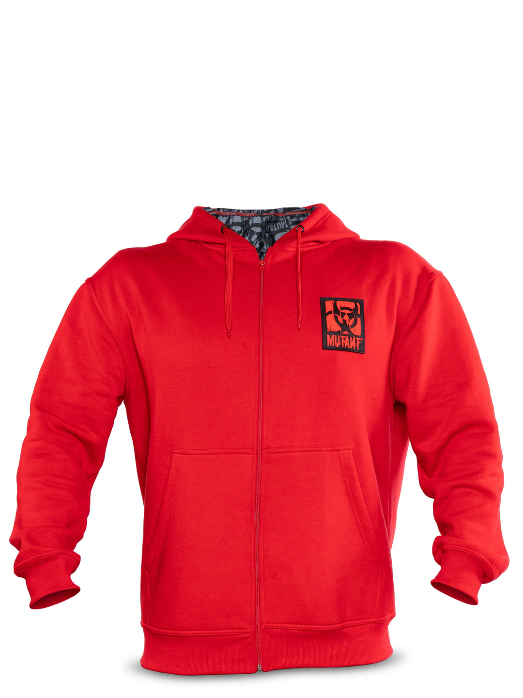 Front view of Red Mutant Patched Zip-Up Gym Hoodie with black and red logo patch on the left chest, two pockets, and grey internal hood lining with black Mutant logo. White background.