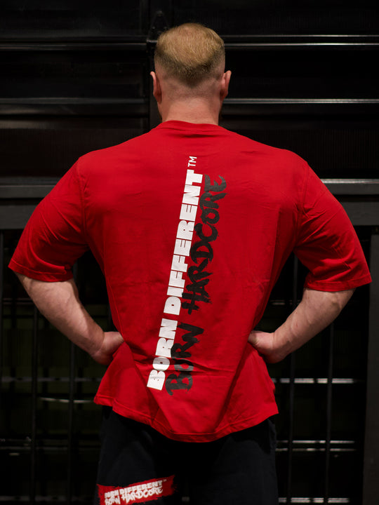 MUTANT® BORN HARDCORE BOLD OVERSIZED GYM T-SHIRT (RED)