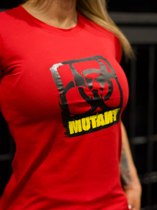 MUTANT® BORN HARDCORE WOMEN’S BOLD GYM T-SHIRT (RED)