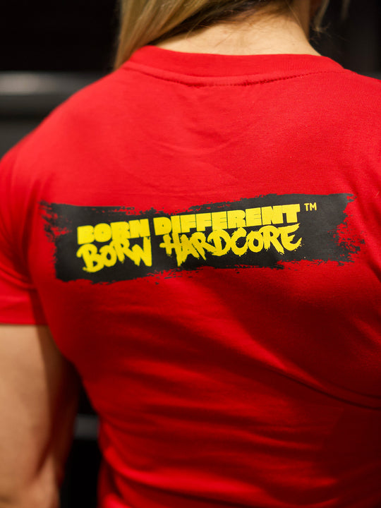 MUTANT® BORN HARDCORE WOMEN’S BOLD GYM T-SHIRT (RED)