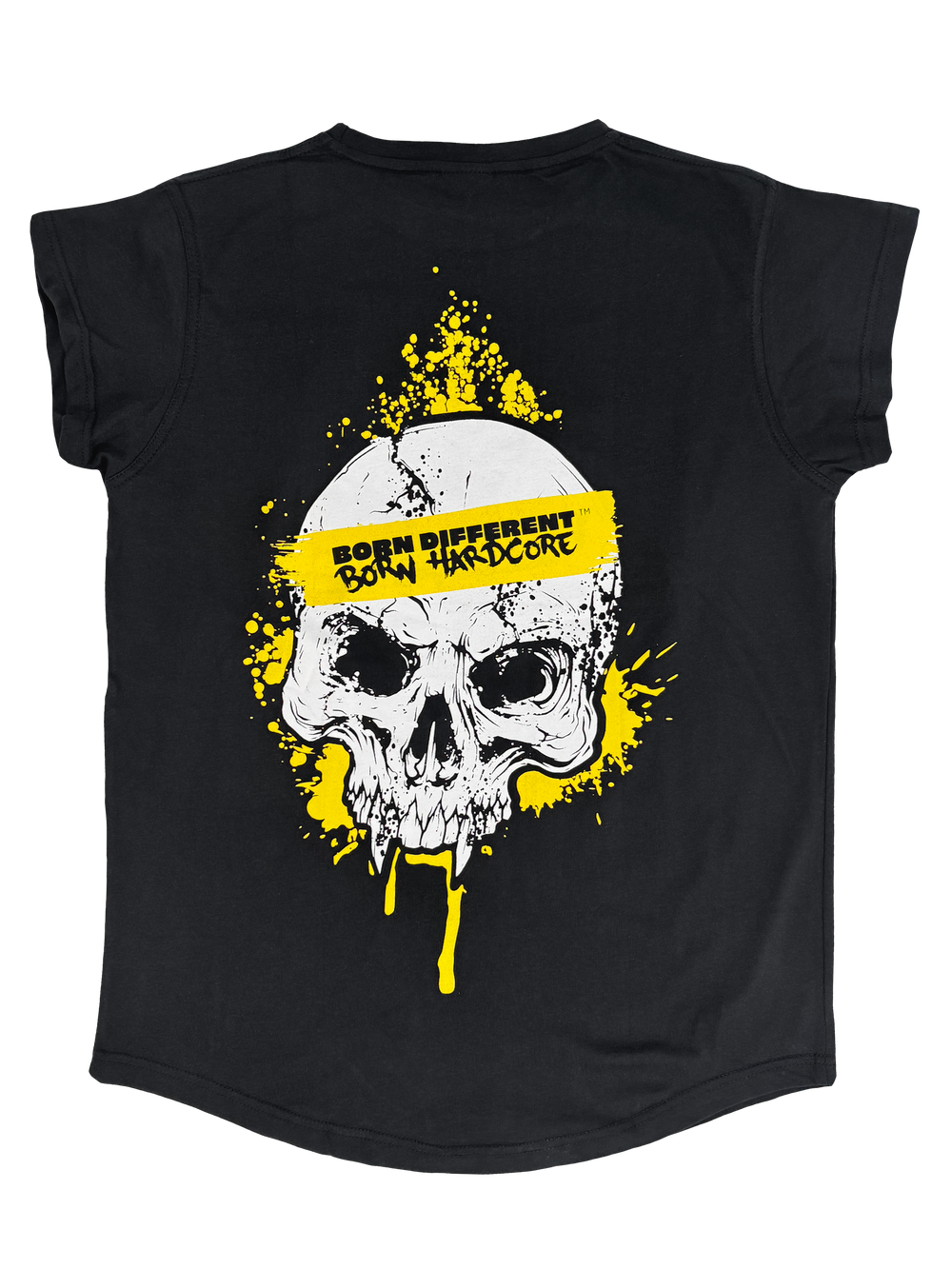 MUTANT® BORN HARDCORE WOMEN’S SKULL CAP SLEEVE GYM SHIRT (BLACK & YELLOW)