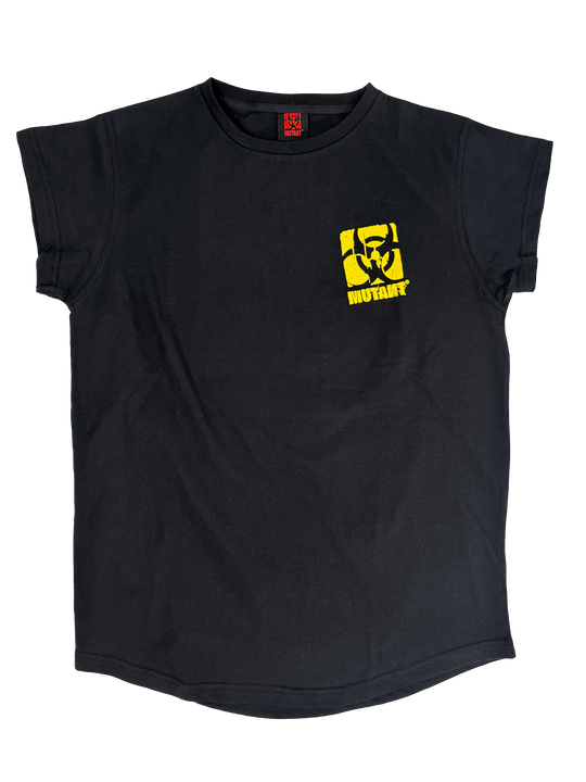 MUTANT® BORN HARDCORE WOMEN’S SKULL CAP SLEEVE GYM SHIRT (BLACK & YELLOW)