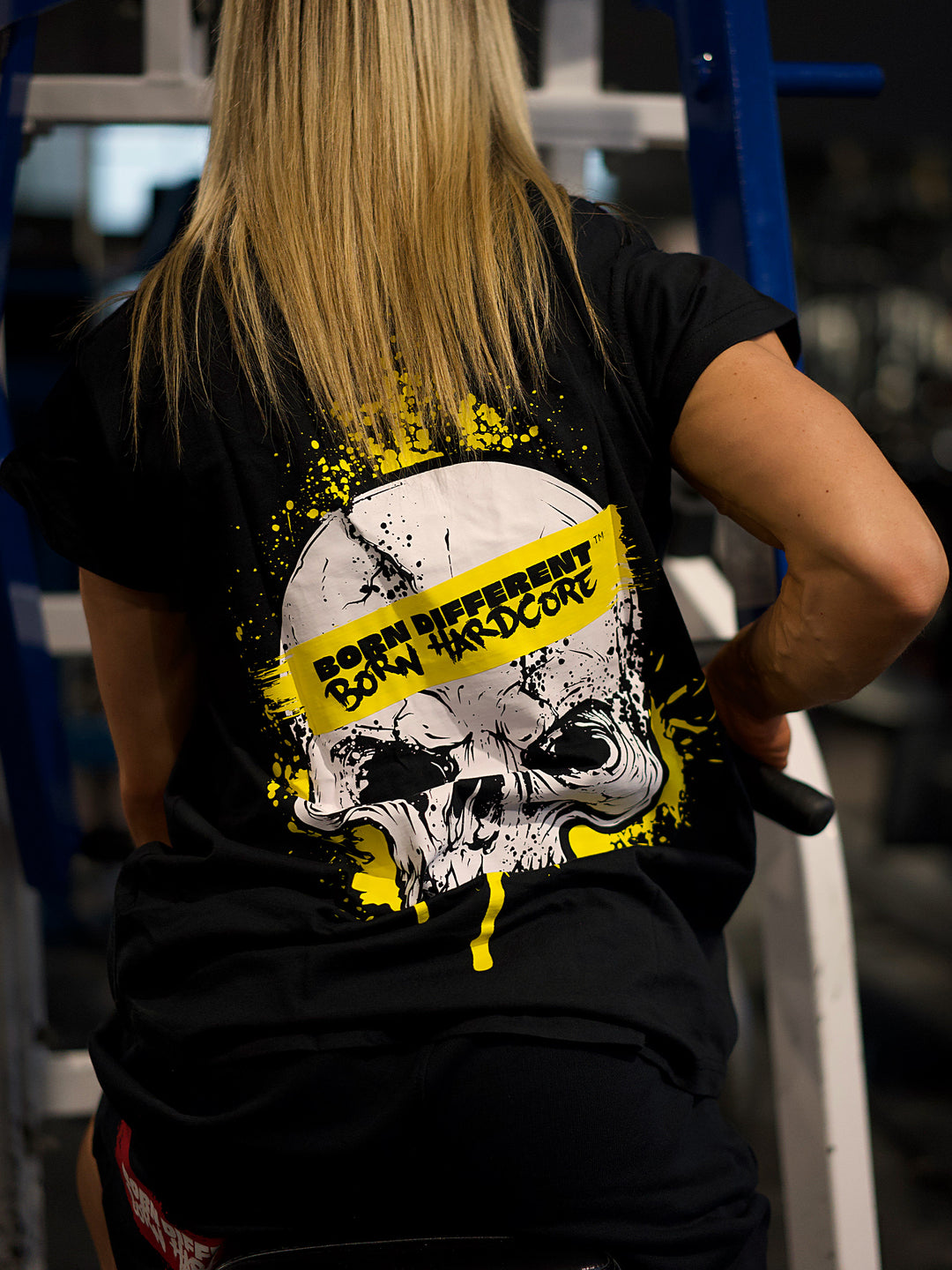 MUTANT® BORN HARDCORE WOMEN’S SKULL CAP SLEEVE GYM SHIRT (BLACK & YELLOW)