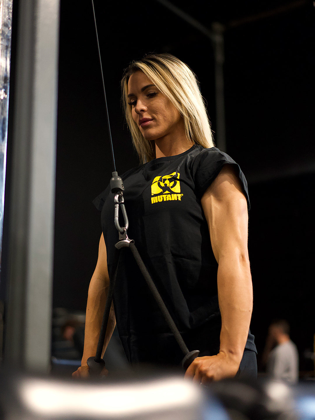 MUTANT® BORN HARDCORE WOMEN’S SKULL CAP SLEEVE GYM SHIRT (BLACK & YELLOW)