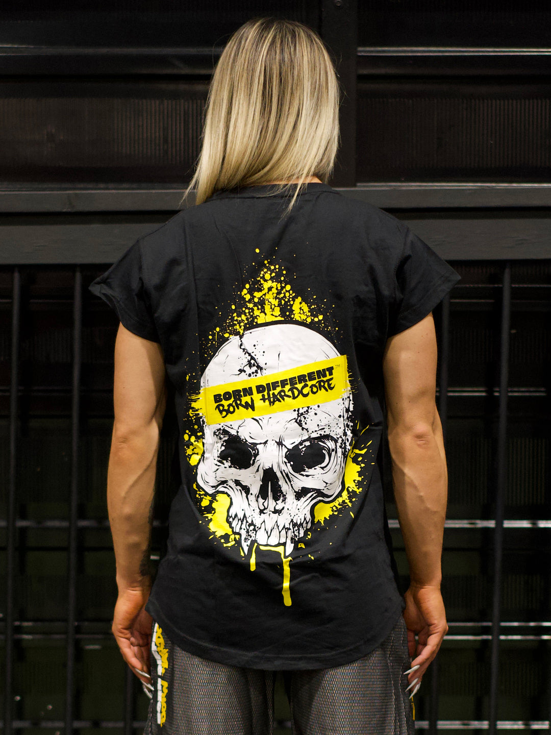 MUTANT® BORN HARDCORE WOMEN’S SKULL CAP SLEEVE GYM SHIRT (BLACK & YELLOW)