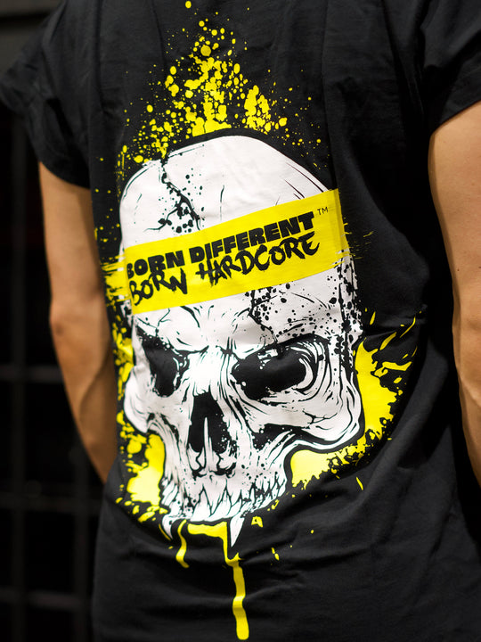 MUTANT® BORN HARDCORE WOMEN’S SKULL CAP SLEEVE GYM SHIRT (BLACK & YELLOW)