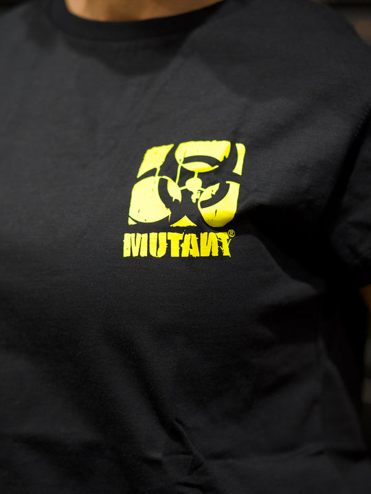 MUTANT® BORN HARDCORE WOMEN’S SKULL CAP SLEEVE GYM SHIRT (BLACK & YELLOW)