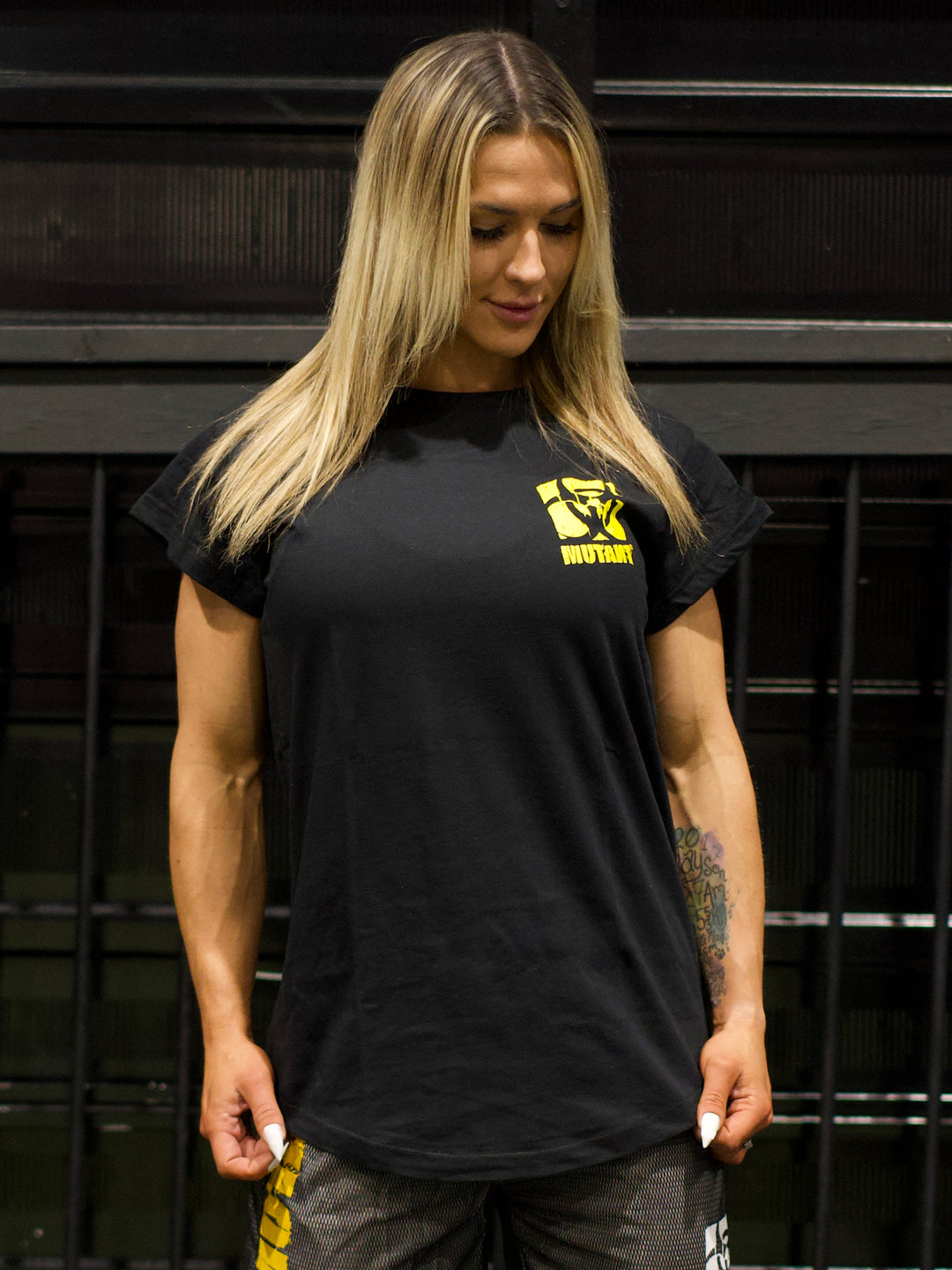 MUTANT® BORN HARDCORE WOMEN’S SKULL CAP SLEEVE GYM SHIRT (BLACK & YELLOW)