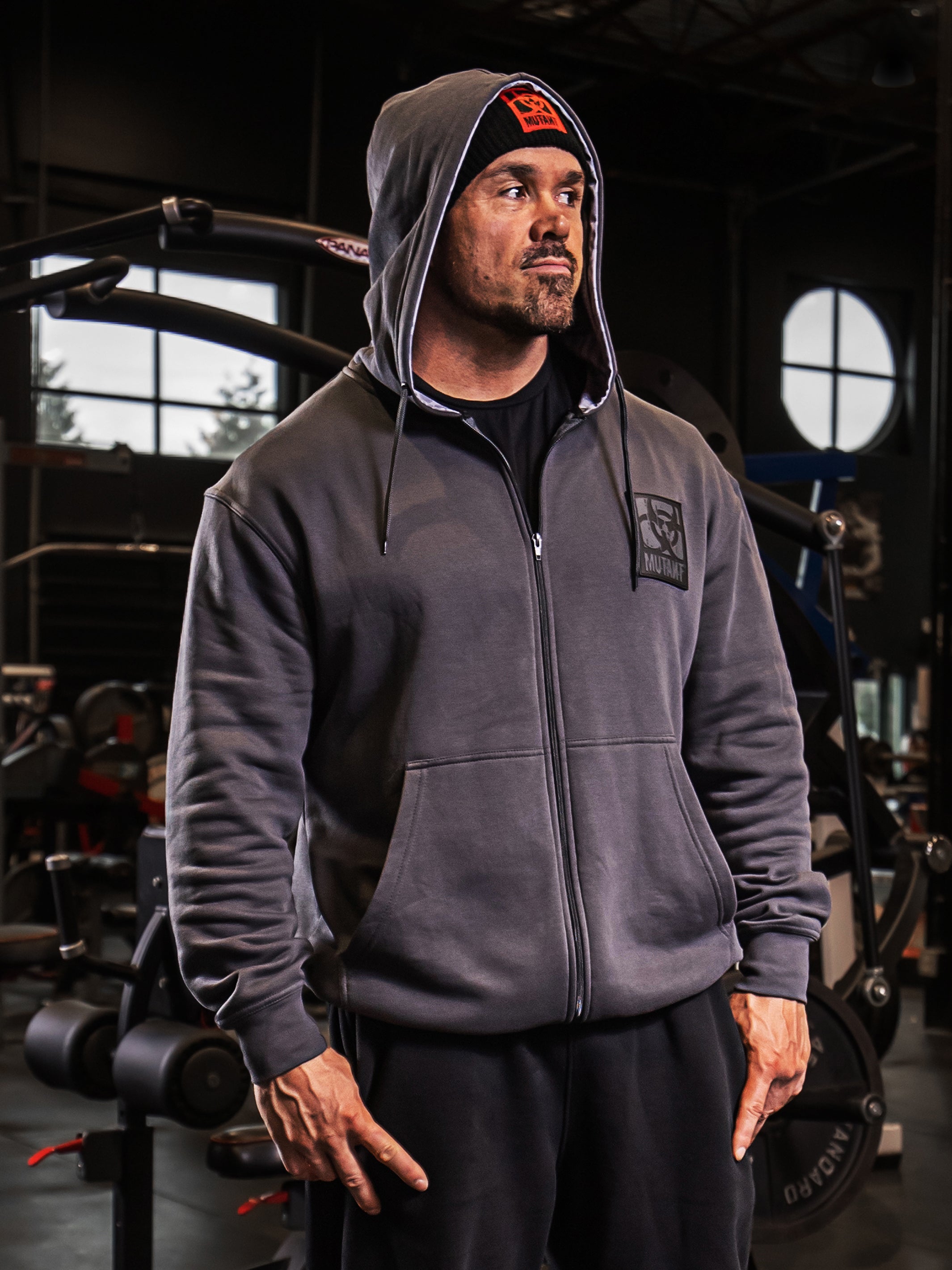 Patched Zip Up Gym Hoodie Grey MUTANT