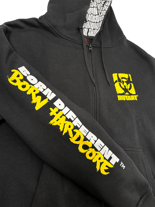 MUTANT® BORN HARDCORE SKULL ZIP-UP GYM HOODIE (BLACK)