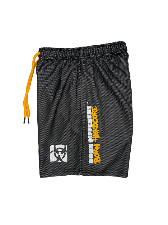 MUTANT® BORN HARDCORE 5” GYM SHORTS (BLACK & YELLOW)