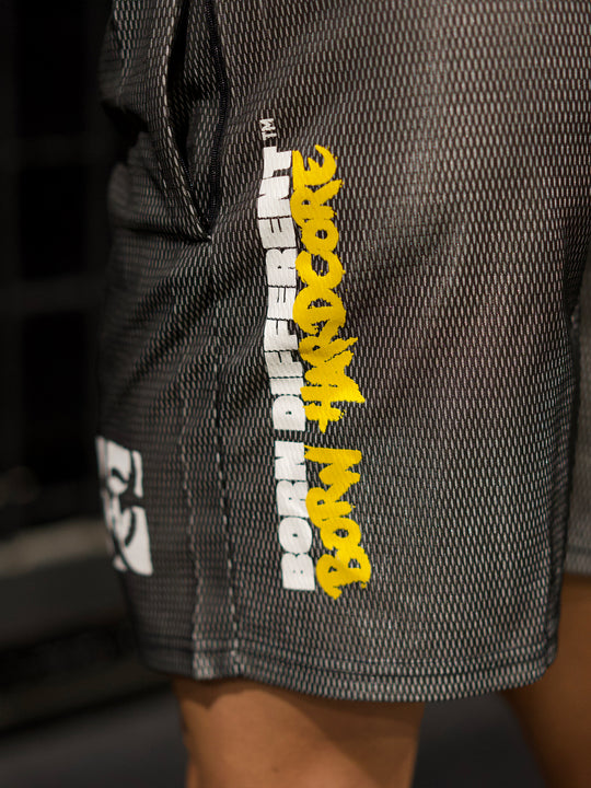 MUTANT® BORN HARDCORE 5” GYM SHORTS (BLACK & YELLOW)