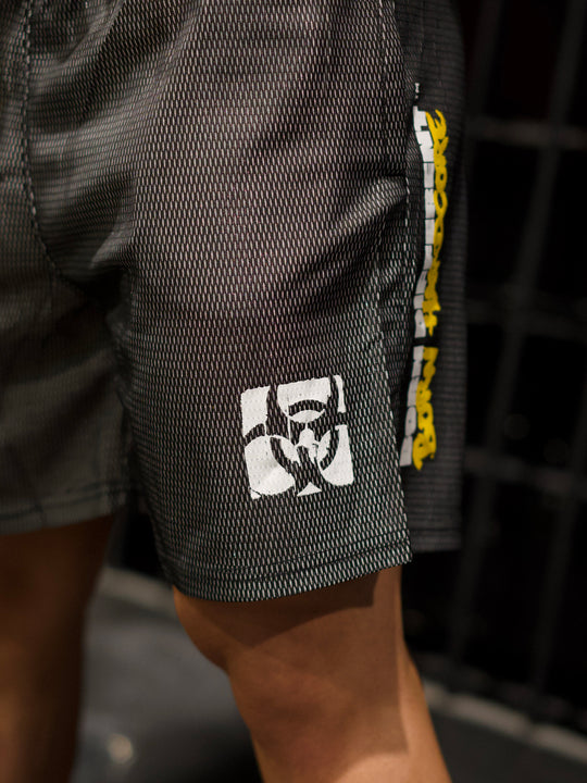 MUTANT® BORN HARDCORE 5” GYM SHORTS (BLACK & YELLOW)