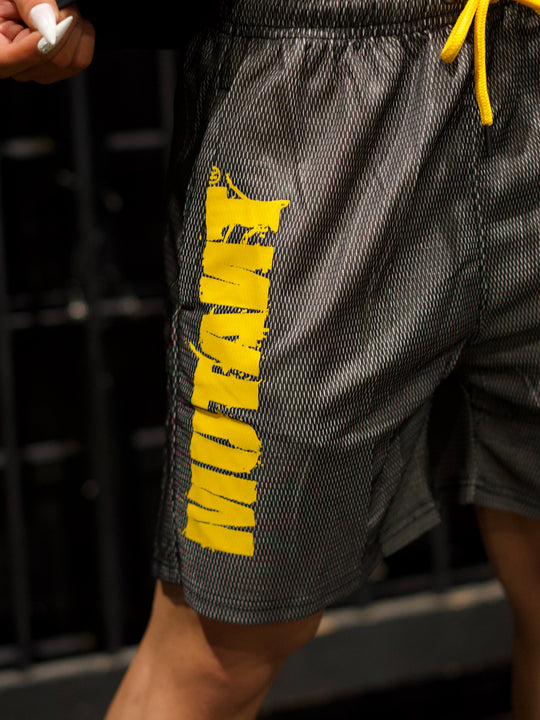MUTANT® BORN HARDCORE 5” GYM SHORTS (BLACK & YELLOW)