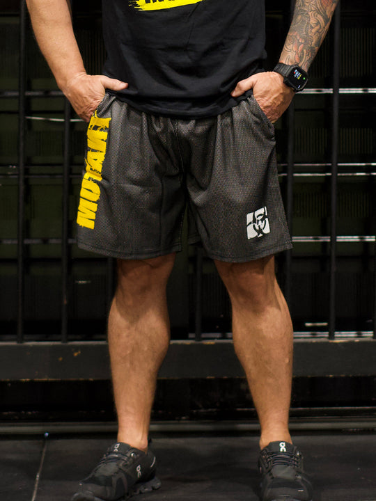 MUTANT® BORN HARDCORE 5” GYM SHORTS (BLACK & YELLOW)
