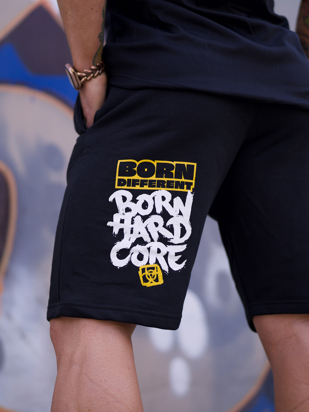 MUTANT® BORN HARDCORE 9" Graffiti Gym Shorts (Black & Yellow)