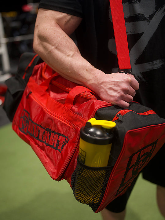 MUTANT® BORN HARDCORE Duffle Gym Bag (Red, Black Edge)