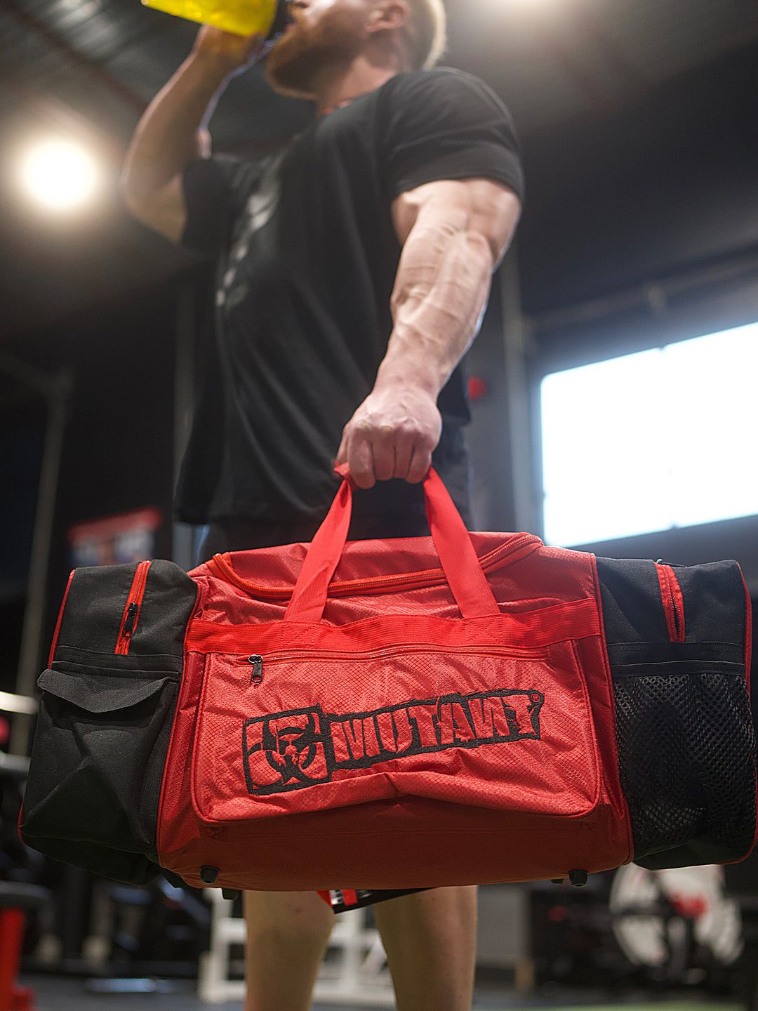 MUTANT® BORN HARDCORE Duffle Gym Bag (Red, Black Edge)