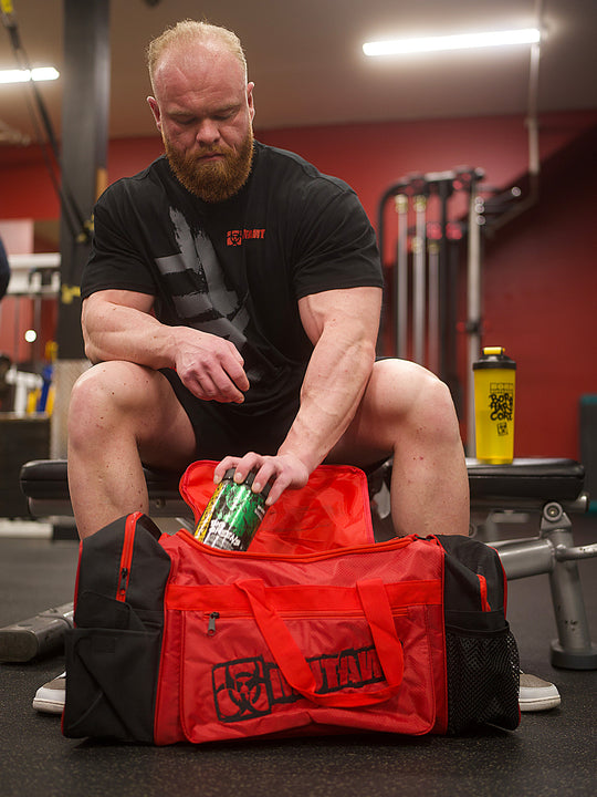 MUTANT® BORN HARDCORE Duffle Gym Bag (Red, Black Edge)