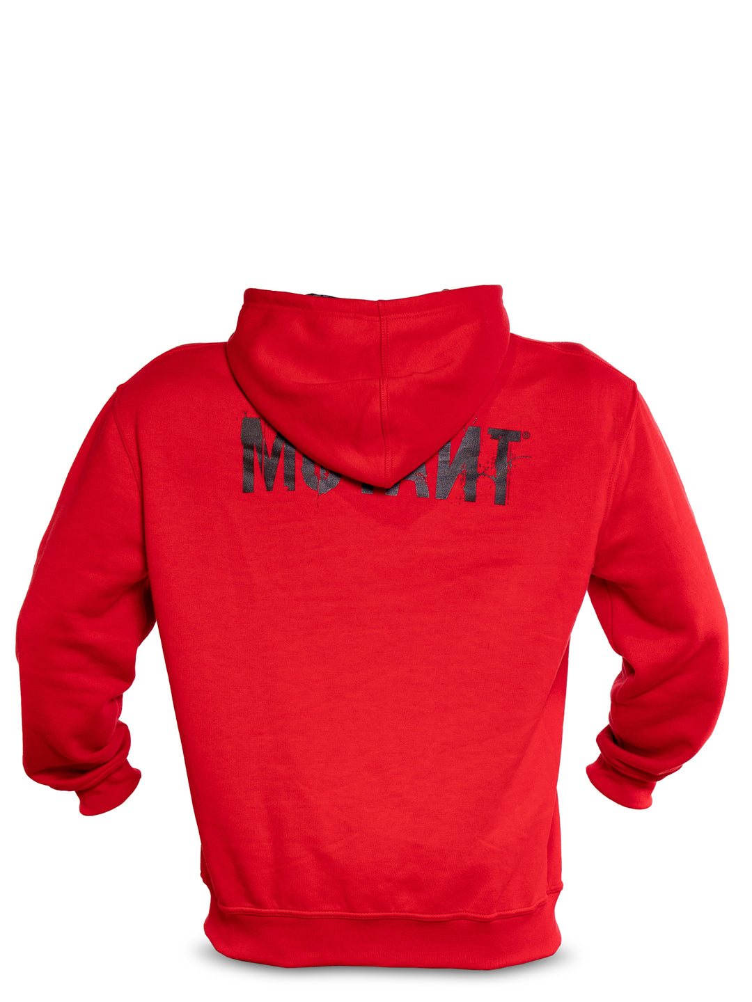 Back view of Red Mutant Patched Zip-Up Gym Hoodie featuring a black Mutant logo on the back. White background.