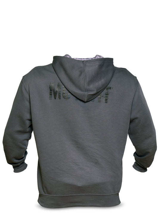 Back view of Grey Mutant Patched Zip-Up Gym Hoodie featuring a black Mutant logo on the back. White background.